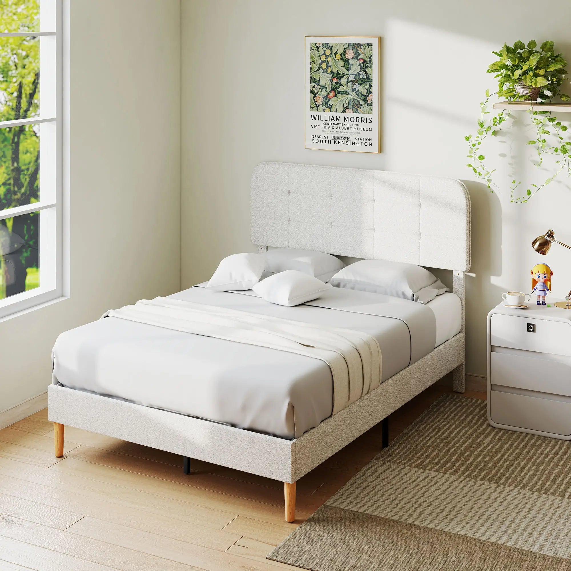 Queen Size Upholstered Platform Bed Frame, Adjustable Headboard, White Bed Frames at Gallery Canada