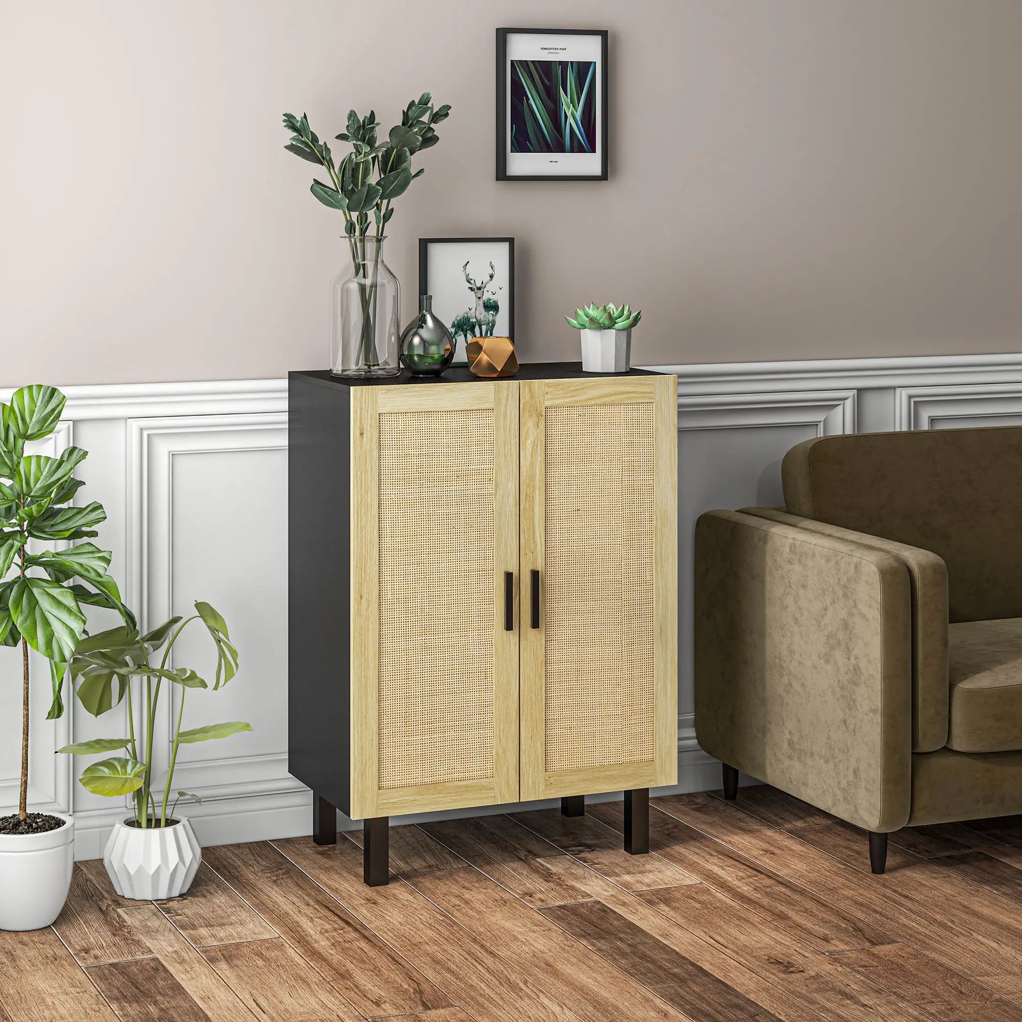 Boho Sideboard, Buffet Cabinet with Storage, 2 Rattan Doors, Black Storage Cabinets at Gallery Canada