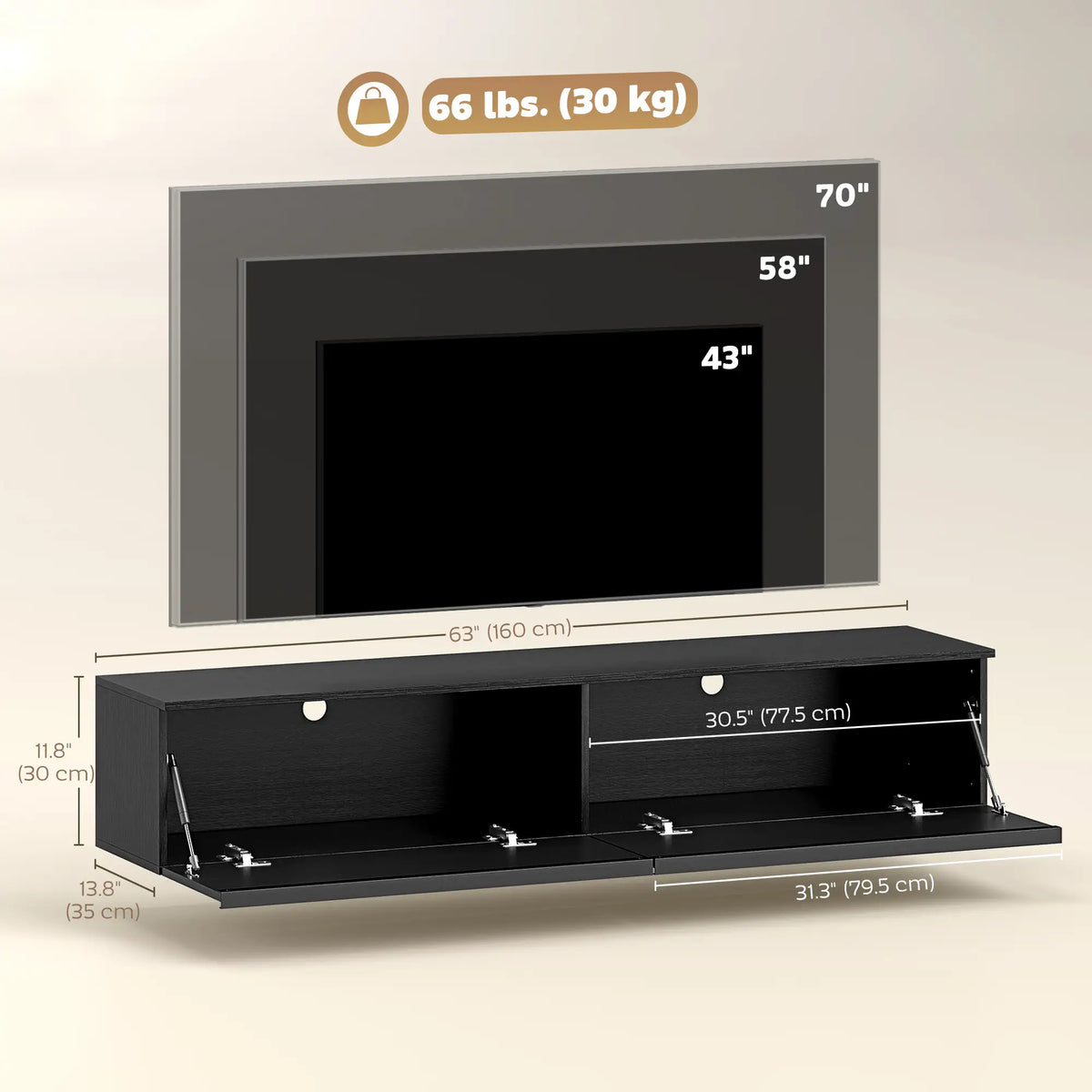 Wall Mounted TV Stand, Floating Cabinet, 70", High Gloss, Black