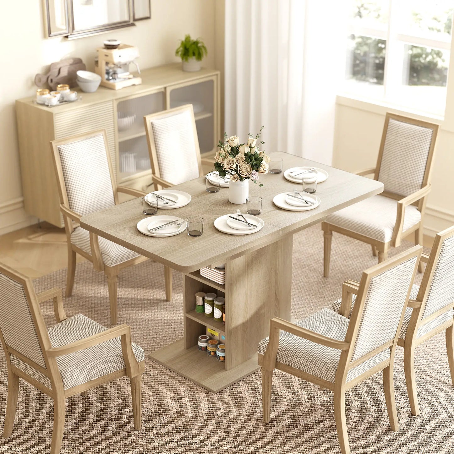 Extendable Dining Table, 43.3"-51.2", Natural Wood, 6 Shelves Dining Tables at Gallery Canada