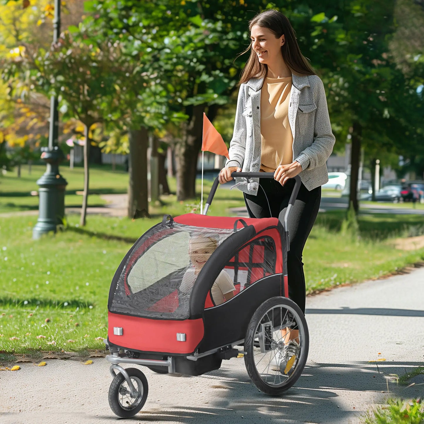2-in-1 Bike Trailer, Foldable 2-Seat Stroller, 5-Point Harness, Red Kids Bike Trailers at Gallery Canada