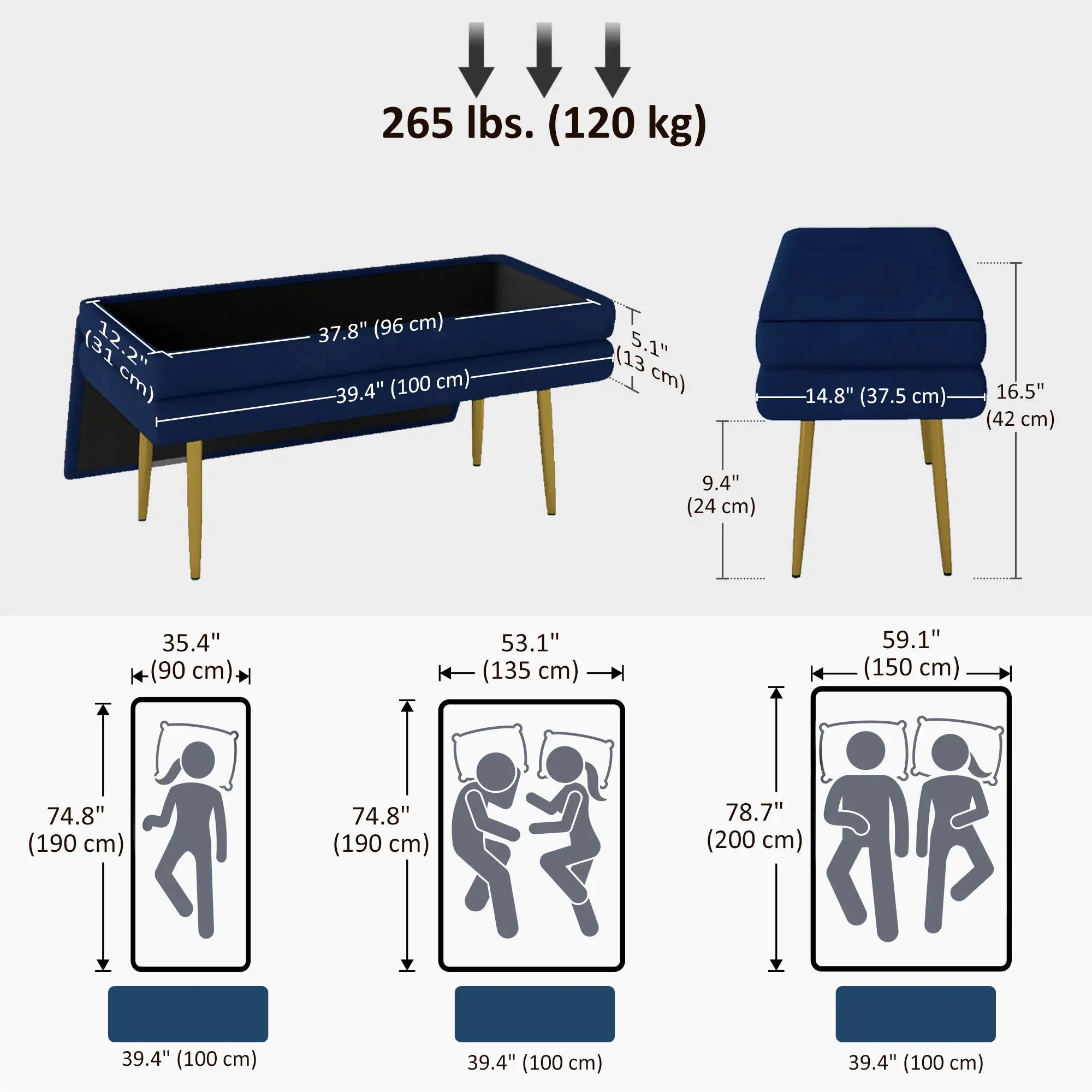 Velvet Upholstered Bench, Thick Padded Seat, Steel Legs, Dark Blue Storage Ottomans & Benches at Gallery Canada
