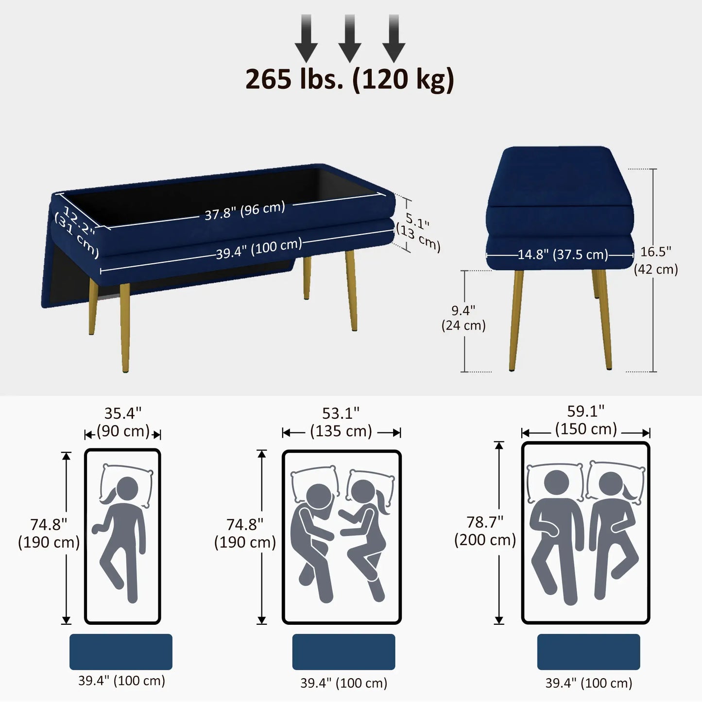 Velvet Upholstered Bench, Thick Padded Seat, Steel Legs, Dark Blue Storage Ottomans & Benches at Gallery Canada