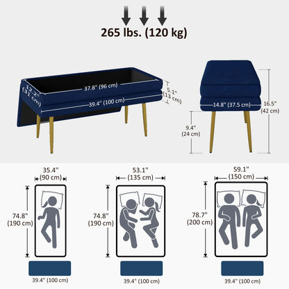 Velvet Upholstered Bench, Thick Padded Seat, Steel Legs, Dark Blue Storage Ottomans & Benches at Gallery Canada