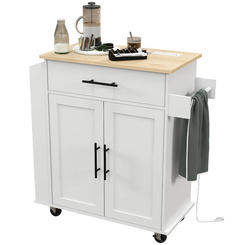 Rolling Kitchen Island with Wheels, Power Outlets, Drawer, Doors