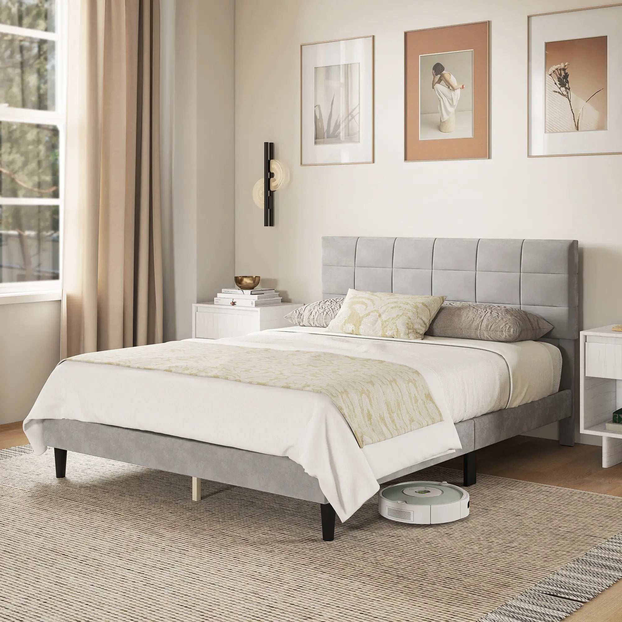 Queen Size Bed Frame, Upholstered Headboard, Wood Slats, 1100 lbs, Grey Bed Frames at Gallery Canada