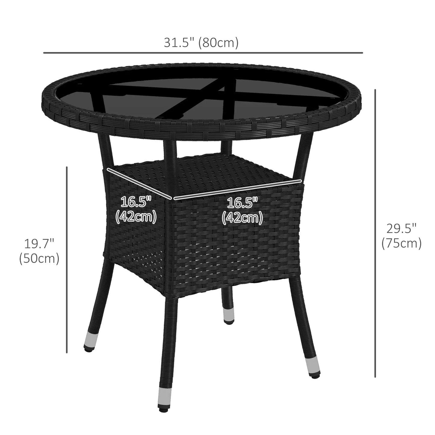 31.5" Outdoor Wicker Dining Table, PE Rattan, Metal Frame, Glass Top, Black Patio Dinning Tables at Gallery Canada