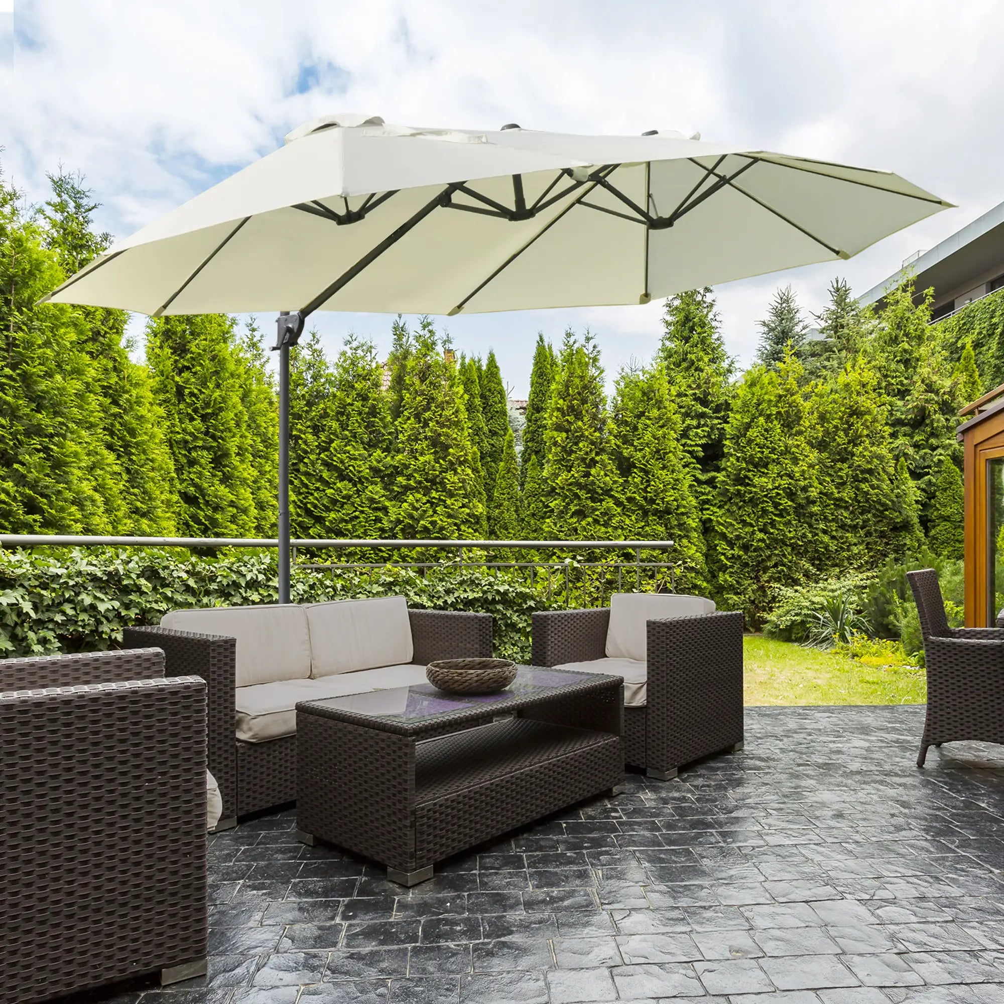 Outdoor Cantilever Umbrella, Twin Canopy Sunshade, Lift, Beige Cantilever Umbrellas at Gallery Canada