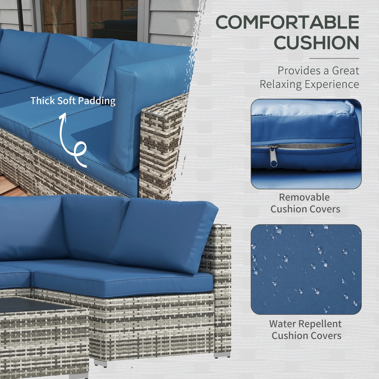 7pc Wicker Sectional Set, Tea Table, Rattan Sofa, Outdoor Furniture, Blue Patio Furniture Sets at Gallery Canada