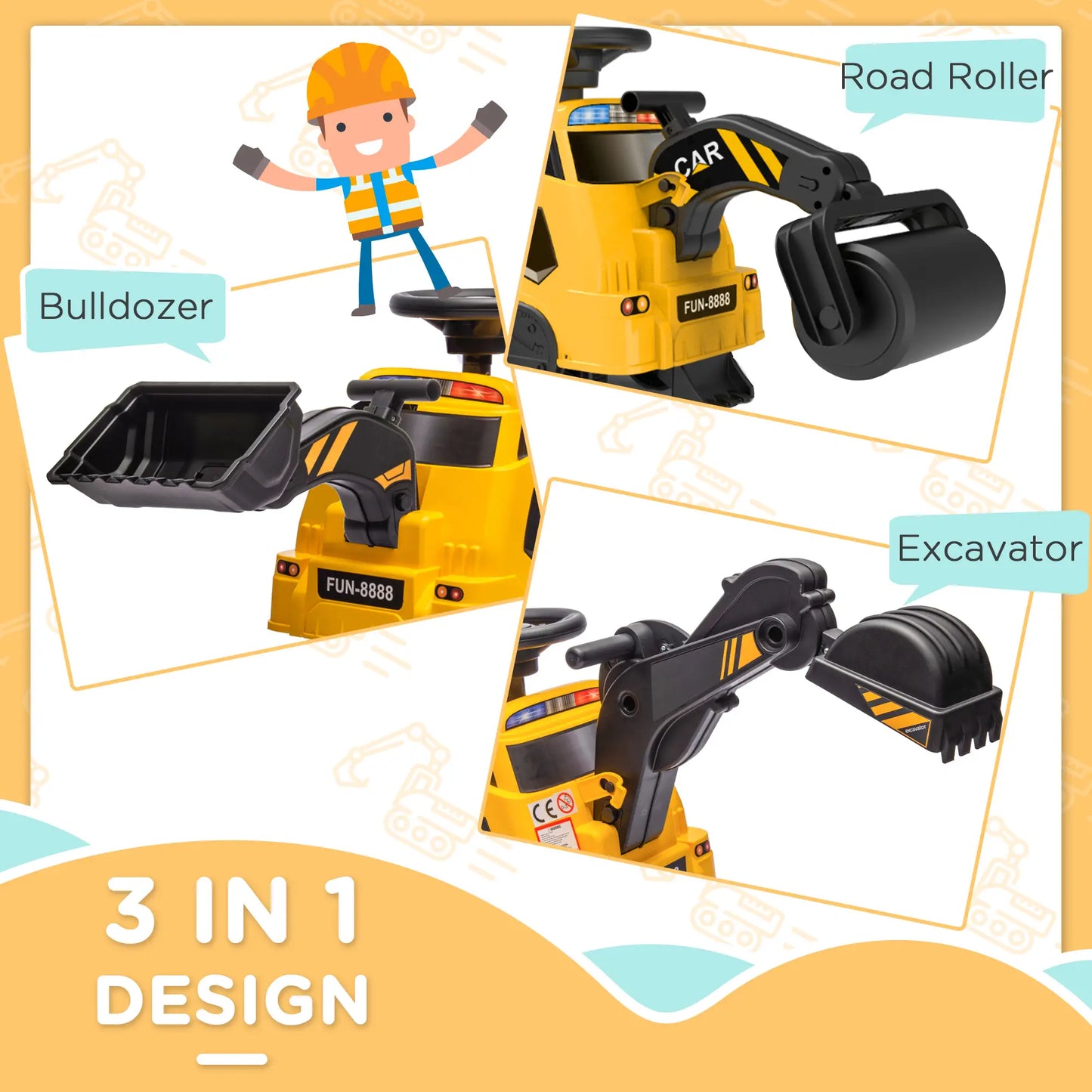 3 in 1 Ride on Excavator, Bulldozer, Road Roller, No Power, Yellow Toy Excavators at Gallery Canada
