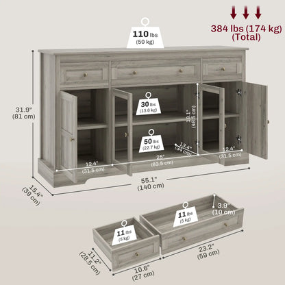 Sideboard Buffet Cabinet, Coffee Bar with Glass Doors, Adjustable Shelves, Weathered Grey Oak, Grey Bar Cabinets at Gallery Canada