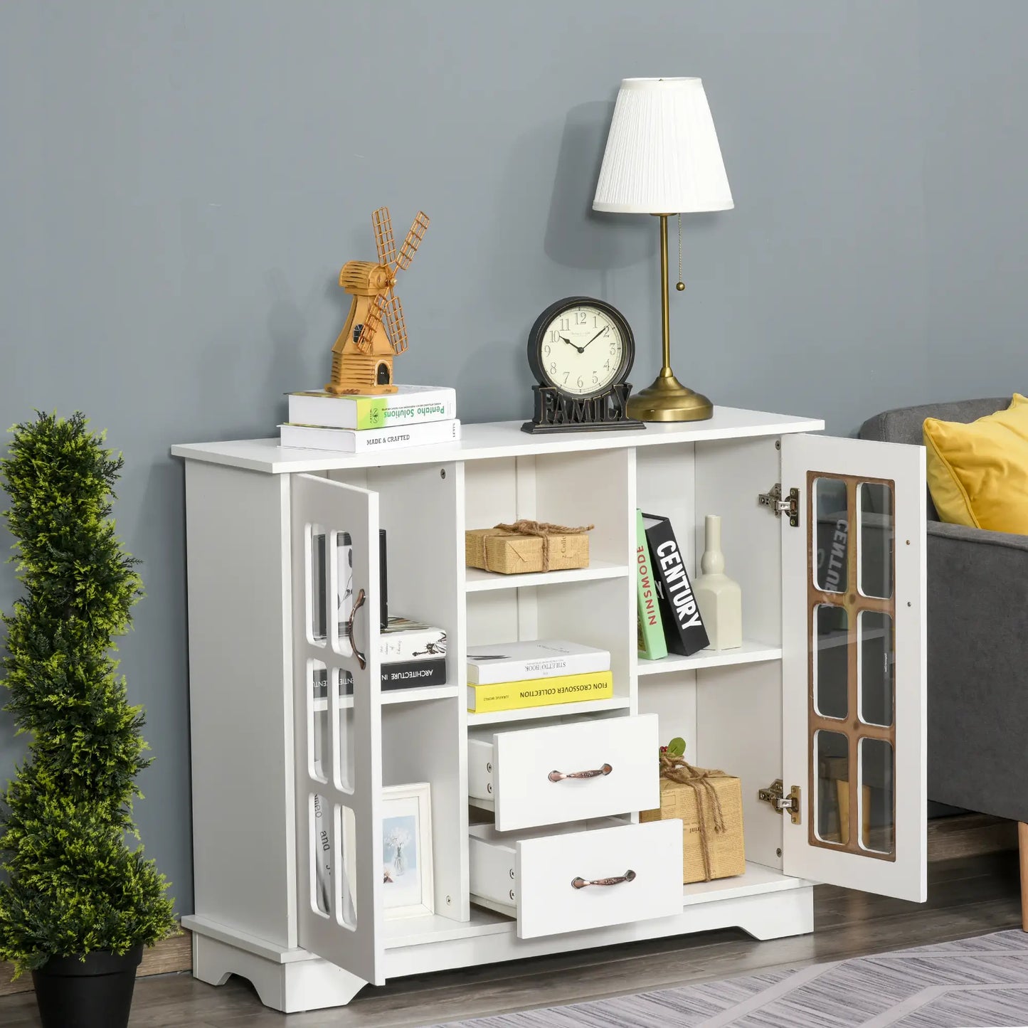 Modern Kitchen Sideboard, 2 Drawers, Coffee Bar Cabinet, Glass Doors, White Bar Cabinets at Gallery Canada