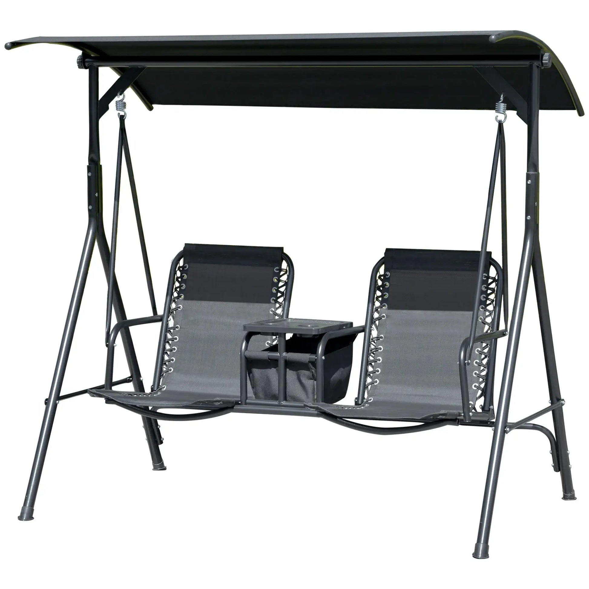 2 Person Porch Swing with Storage Table, Cup Holder, Canopy, Black Patio Swings with Stand Black at Gallery Canada