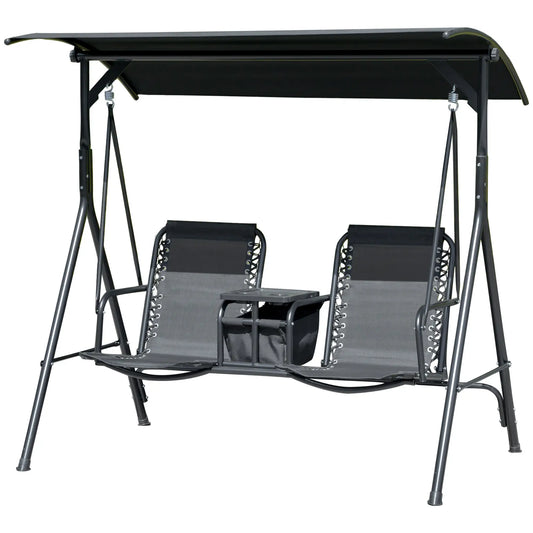 2 Person Porch Swing with Storage Table, Cup Holder, Canopy, Black Patio Swings with Stand Black at Gallery Canada