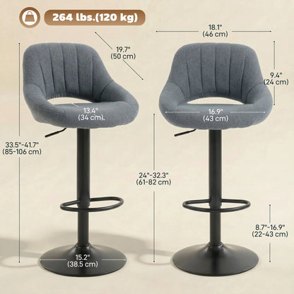 Tabourets de bar pivotants rembourrés en lin, lot de 2, base ronde en métal