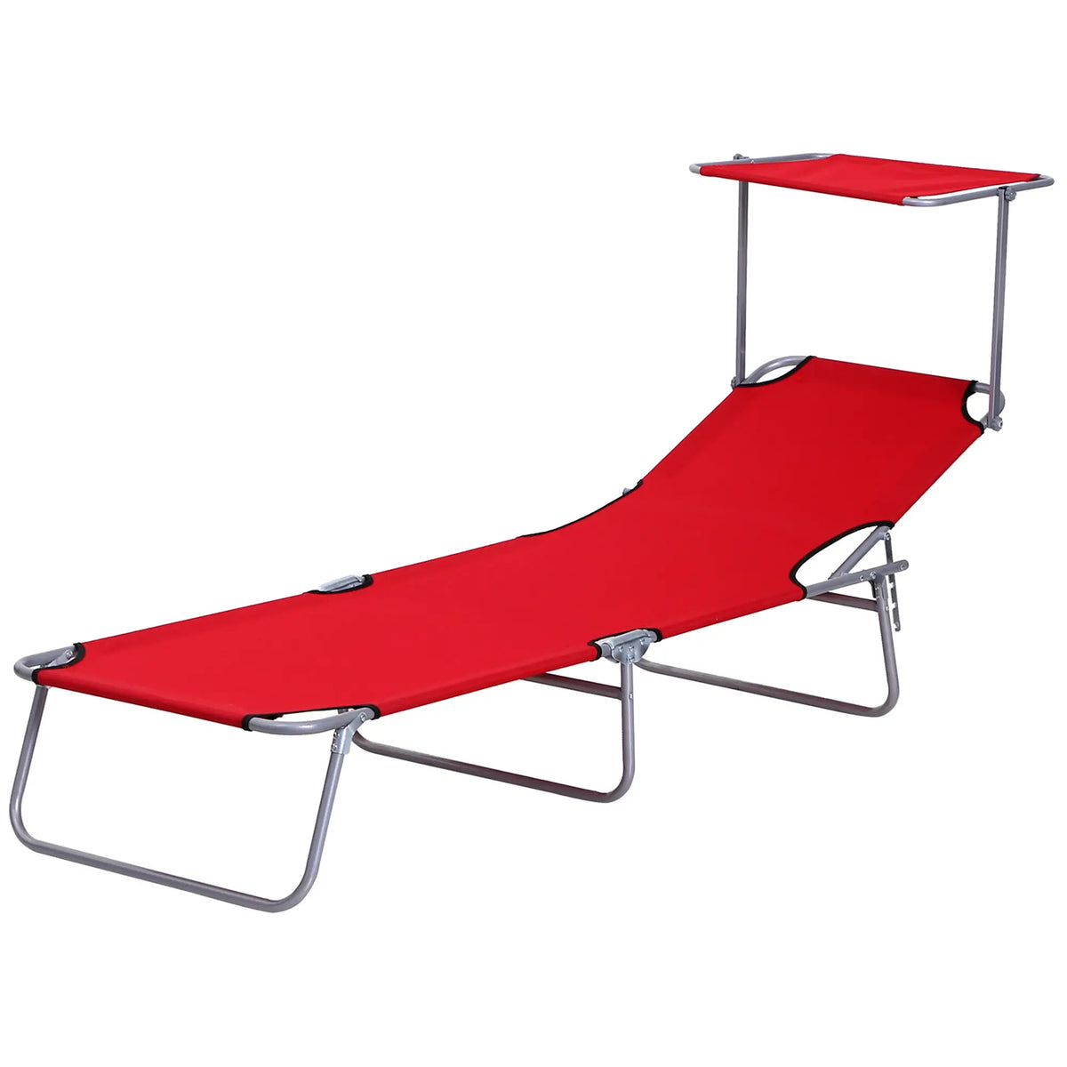 Adjustable Folding Chaise Lounge, Outdoor Tanning Chair with Sun Shade, Red