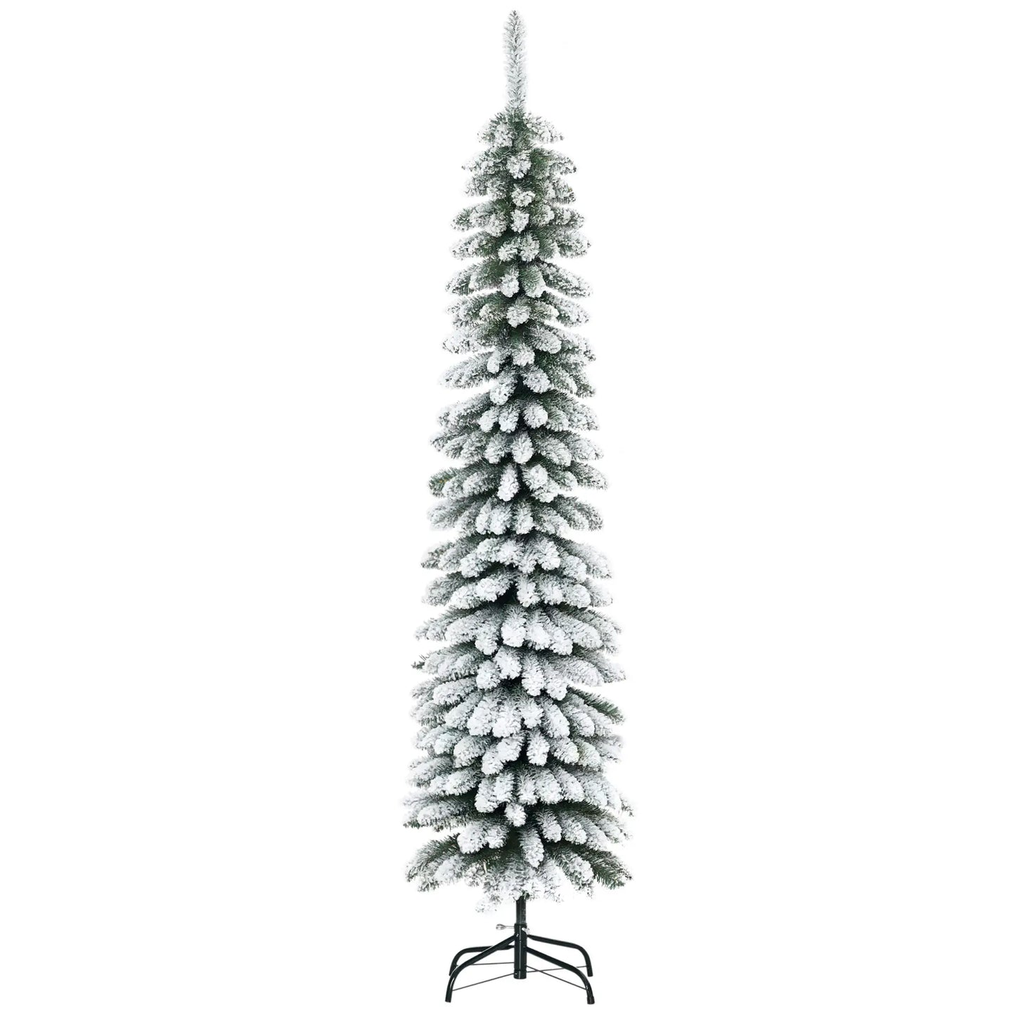 6 Ft Snow-Flocked Artificial Christmas Tree, Slim Pencil, Metal Base, Green Artificial Christmas Trees Green at Gallery Canada