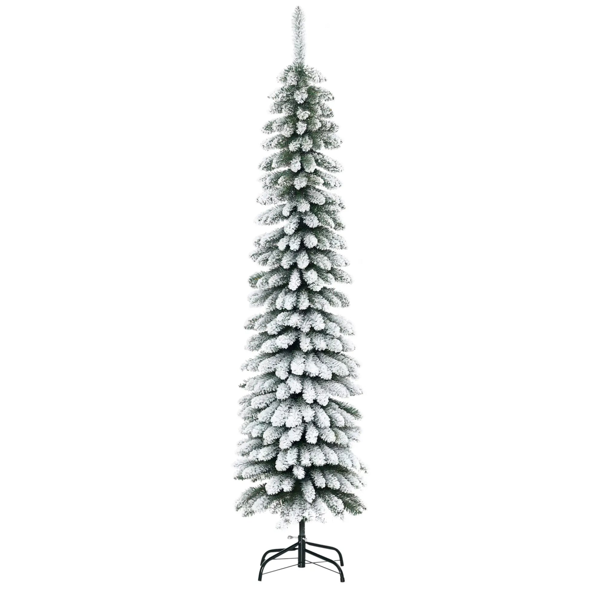 6 Ft Snow-Flocked Artificial Christmas Tree, Slim Pencil, Metal Base, Green Artificial Christmas Trees Green at Gallery Canada