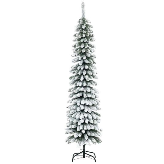 6 Ft Snow-Flocked Artificial Christmas Tree, Slim Pencil, Metal Base, Green Artificial Christmas Trees Green at Gallery Canada