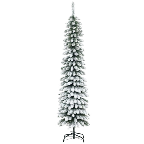 6 Ft Snow-Flocked Artificial Christmas Tree, Slim Pencil, Metal Base, Green