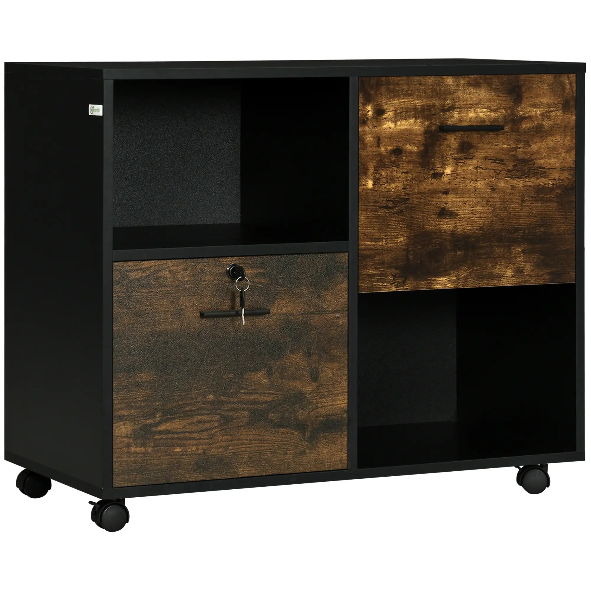 Lateral Filing Cabinet with Drawers, Lock, Wheels, Rustic Brown Office Cabinets & Cupboards Rustic Brown, Black at Gallery Canada