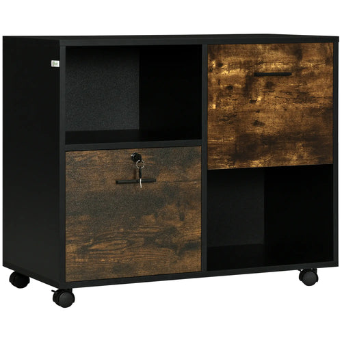 Lateral Filing Cabinet with Drawers, Lock, Wheels, Rustic Brown
