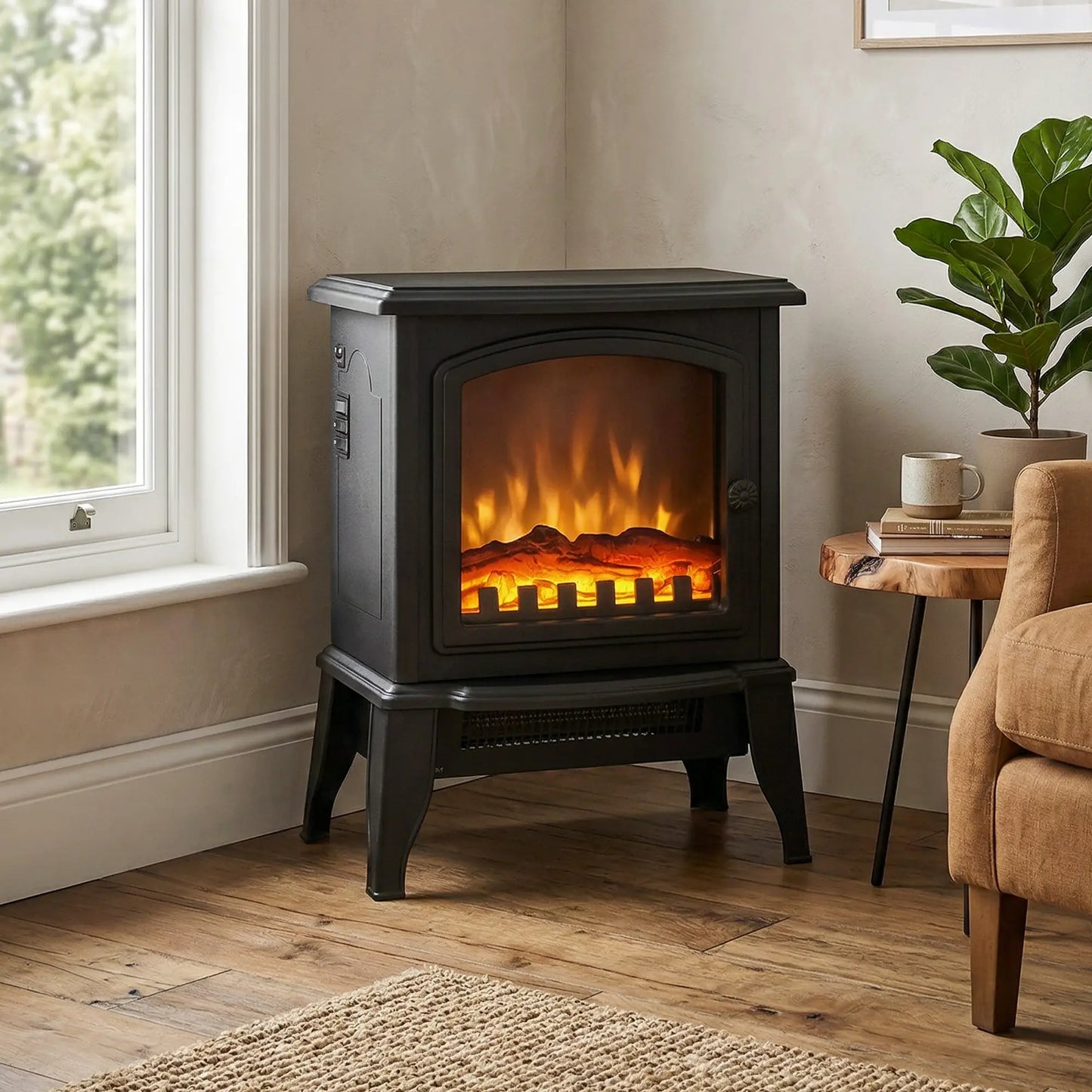Electric Fireplace Heater, Freestanding, Realistic Flame, Overheat Protection, 750W/1500W, Black Electric Fireplaces at Gallery Canada