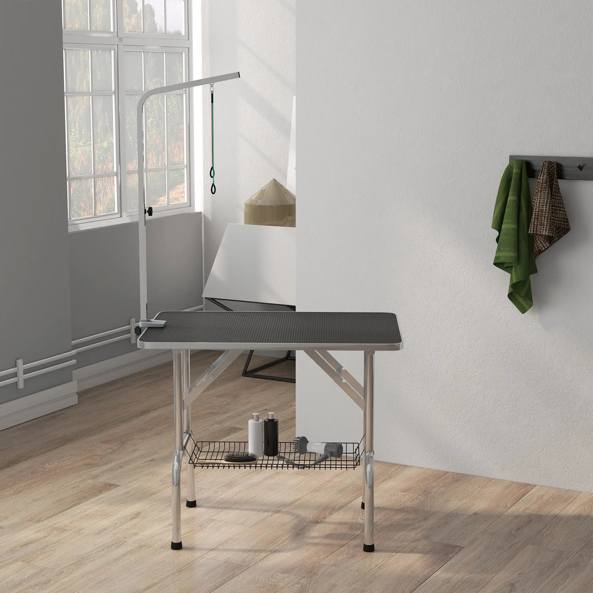 Foldable Dog Grooming Table, Height Adjustable Arm, Storage Shelf, Black Dog Grooming Tables at Gallery Canada