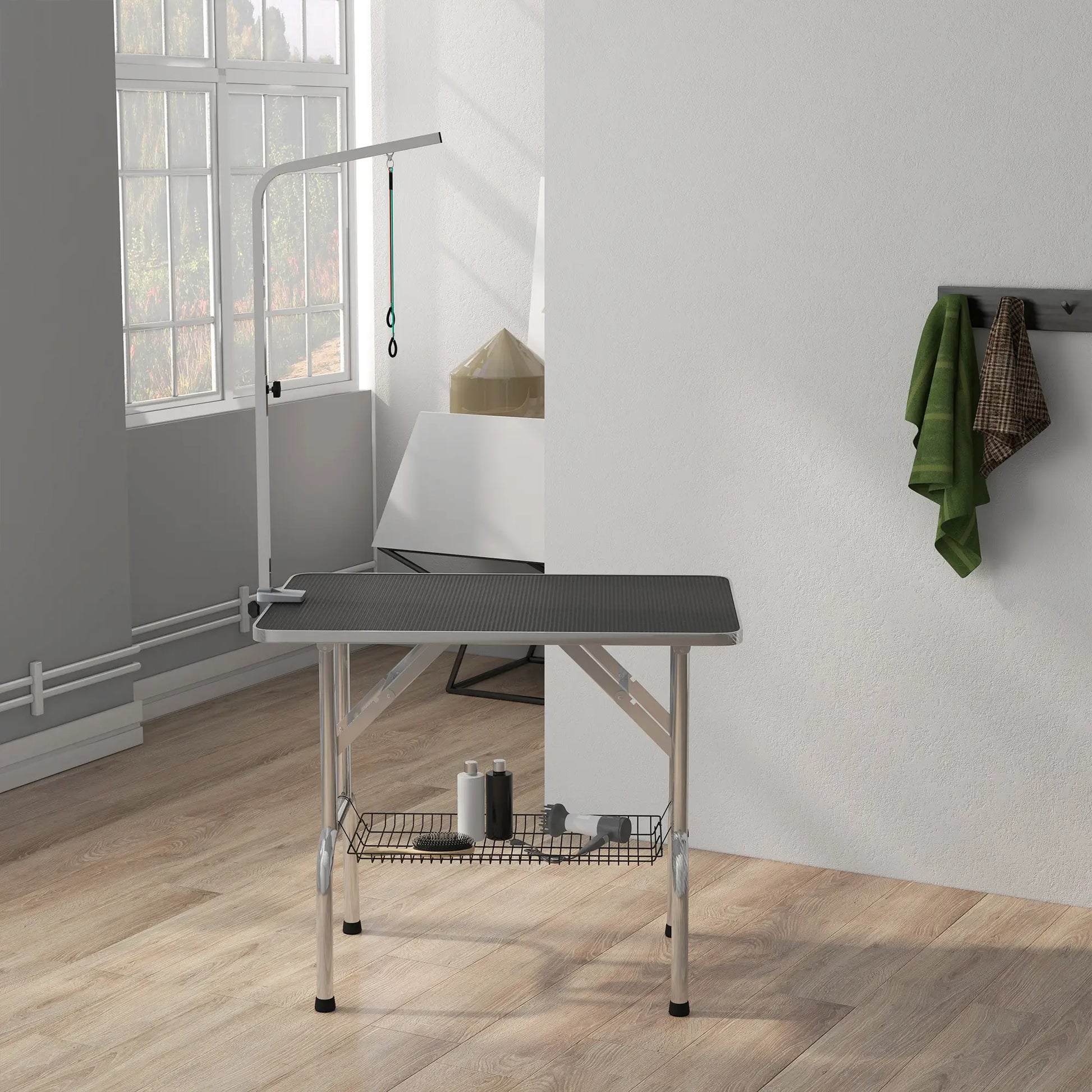 Foldable Dog Grooming Table, Height Adjustable Arm, Storage Shelf, Black Dog Grooming Tables at Gallery Canada