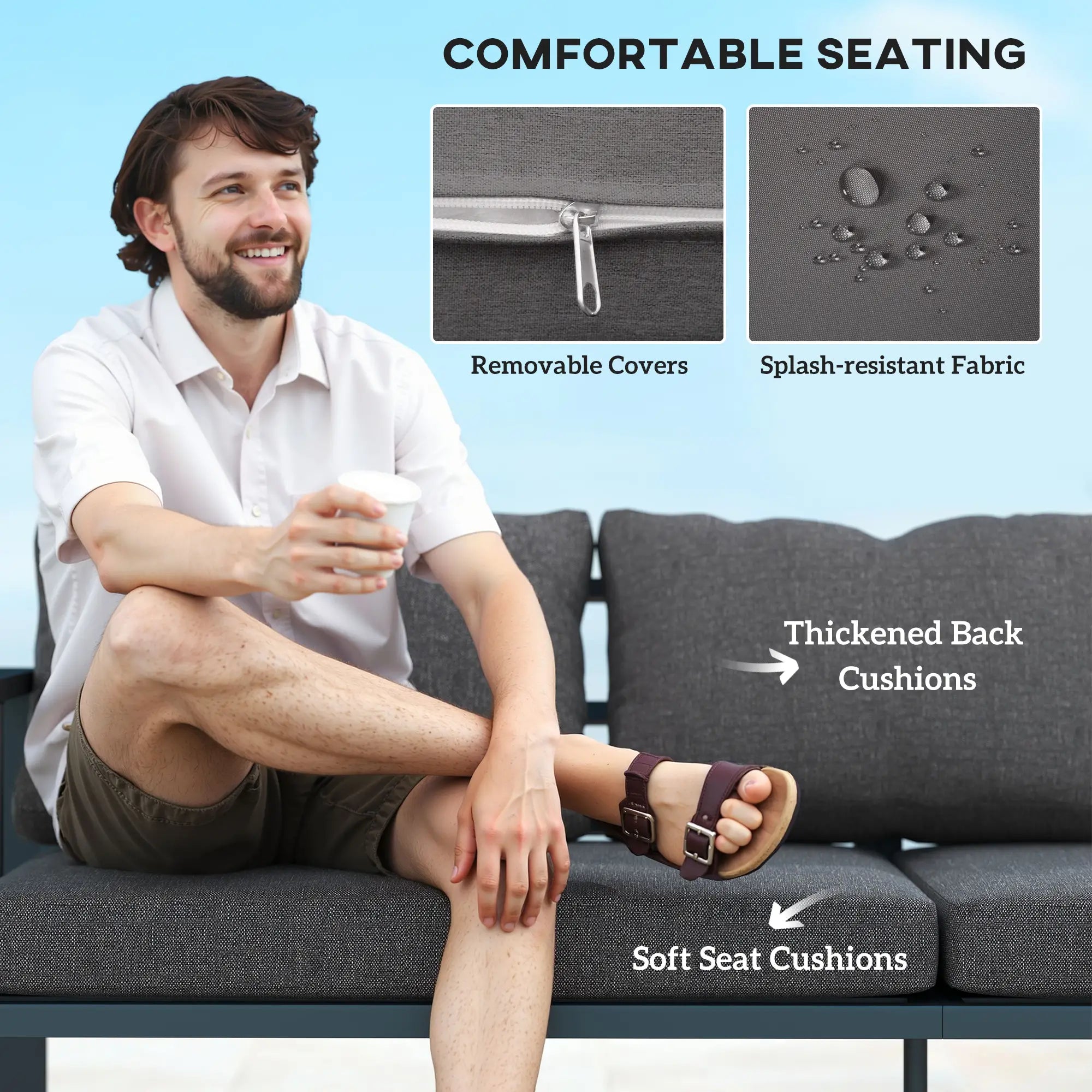 3-Seat Aluminum Outdoor Couch with Cushions, Wide Seat, Dark Grey Patio Chairs at Gallery Canada