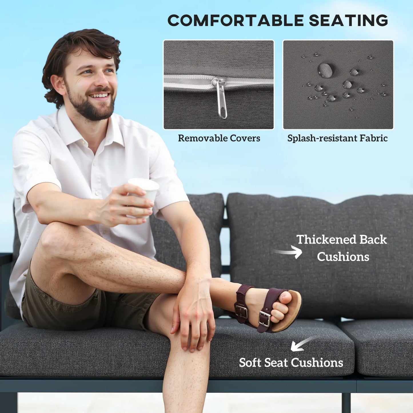 3-Seat Aluminum Outdoor Couch with Cushions, Wide Seat, Dark Grey Patio Chairs at Gallery Canada