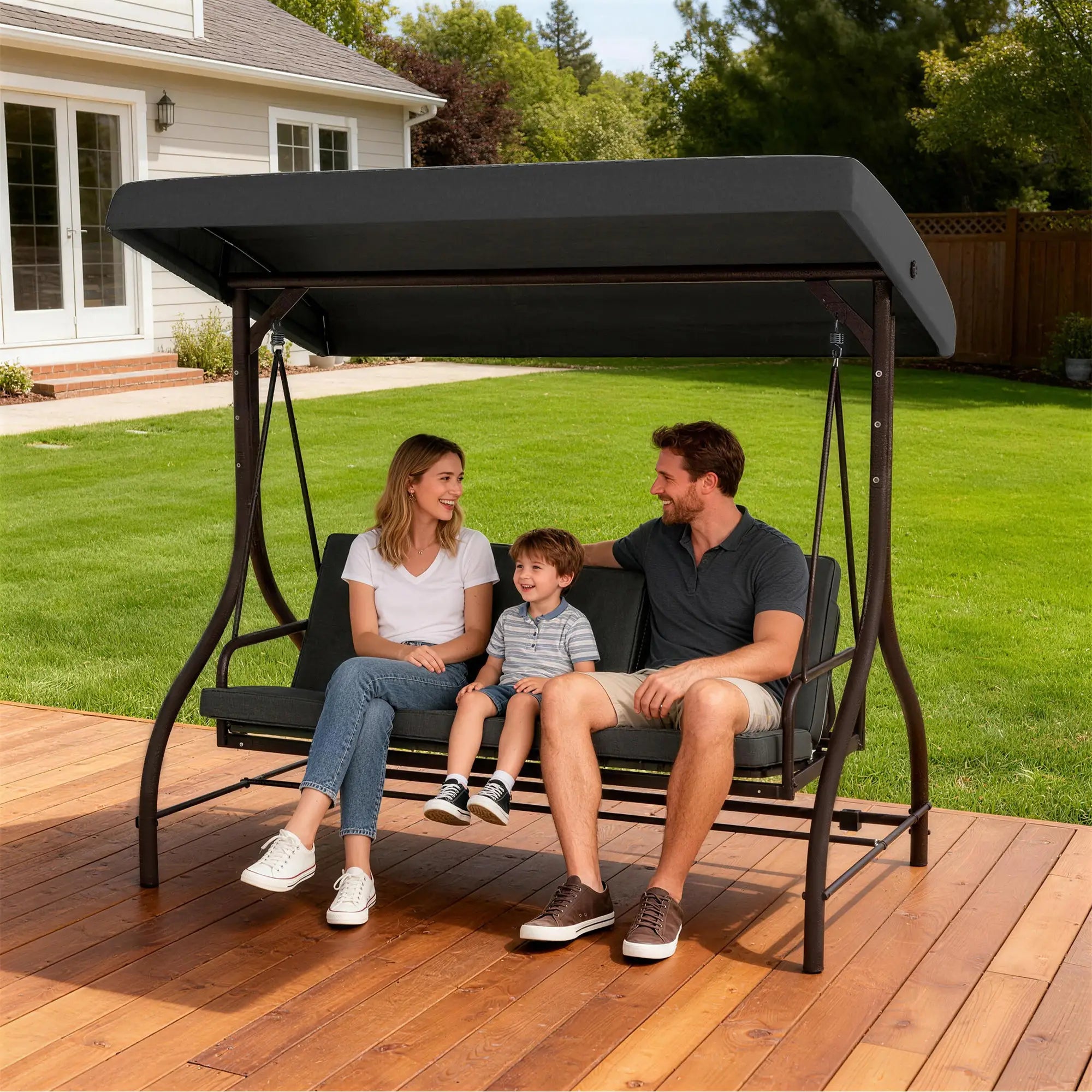 Convertible Patio Swing Bed With Canopy, Cushions, 3 Seater, Dark Grey Patio Swings with Stand at Gallery Canada