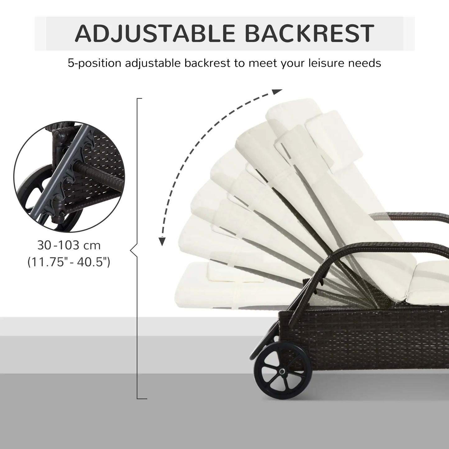 Wicker Chaise Lounge, Outdoor PE Rattan Sun Lounger, Adjustable Backrest, 5-Level, Deep Coffee Cream White, Cream White Chaise Loungers at Gallery Canada