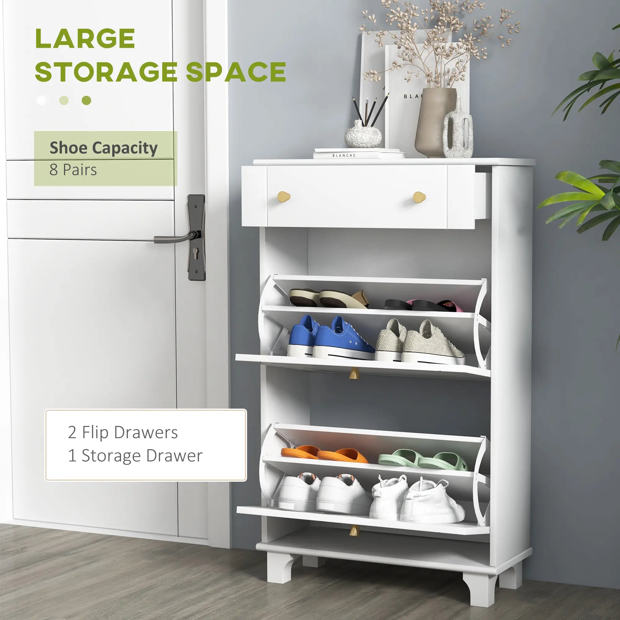 Slim Shoe Storage, 2 Flip Drawers, Adjustable Shelves, 8 Pair, White Shoe Storage Cabinets & Racks at Gallery Canada