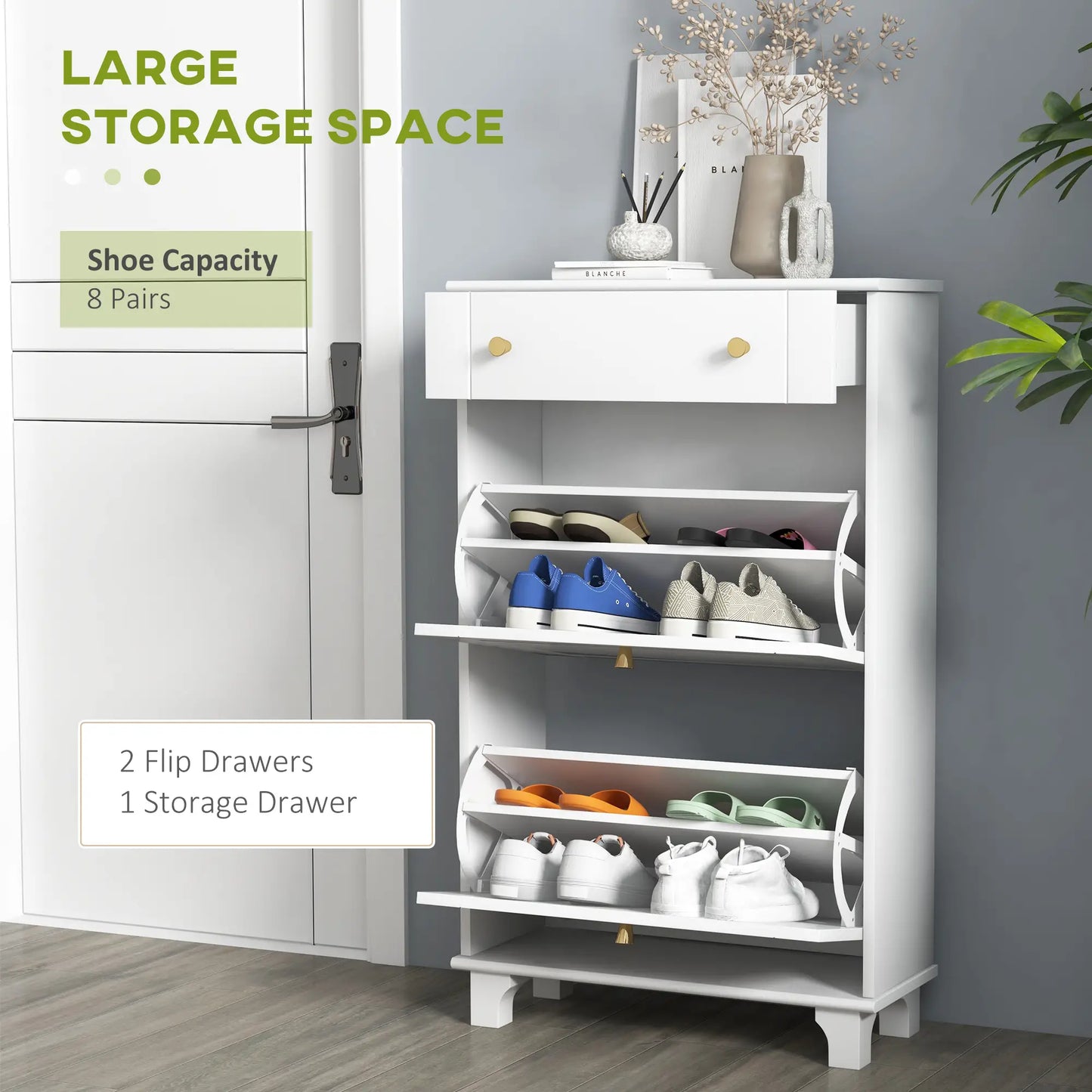 Slim Shoe Storage, 2 Flip Drawers, Adjustable Shelves, 8 Pair, White Shoe Storage Cabinets & Racks at Gallery Canada