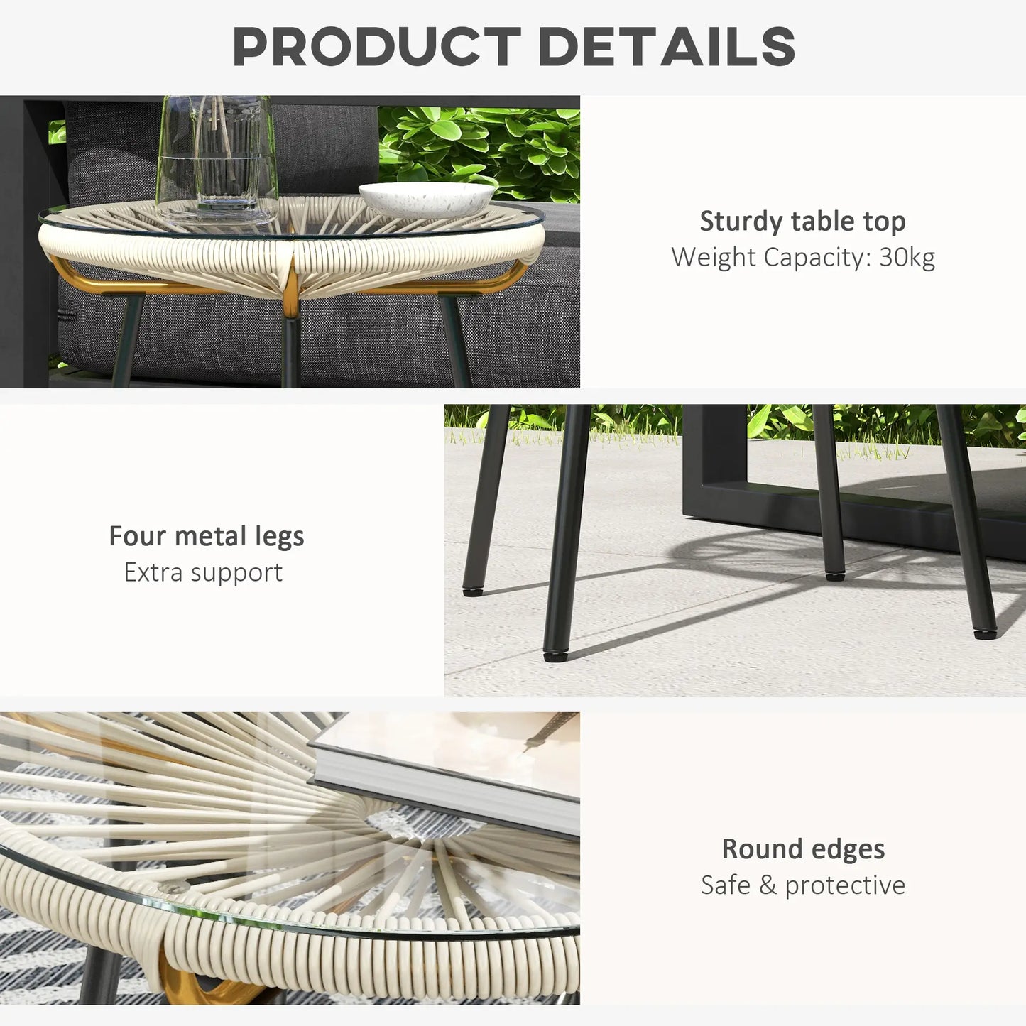 Round Rattan Side Table, With Tempered Glass Top, Cream White Patio Side Tables at Gallery Canada