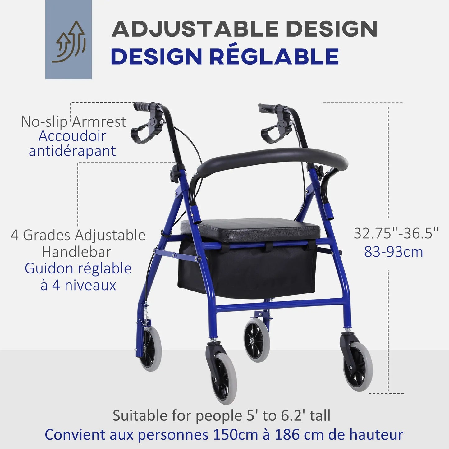 Folding Aluminum Rollator Walker, Adjustable Height, Cushioned Seat, Storage Bag, 2 Barker Wheels, Blue Knee Walker & Wheelchair Ramps at Gallery Canada