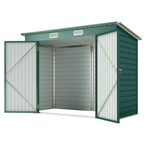 8 x 4FT Galvanized Metal Garden Shed, Double Doors, 2 Vents, Green