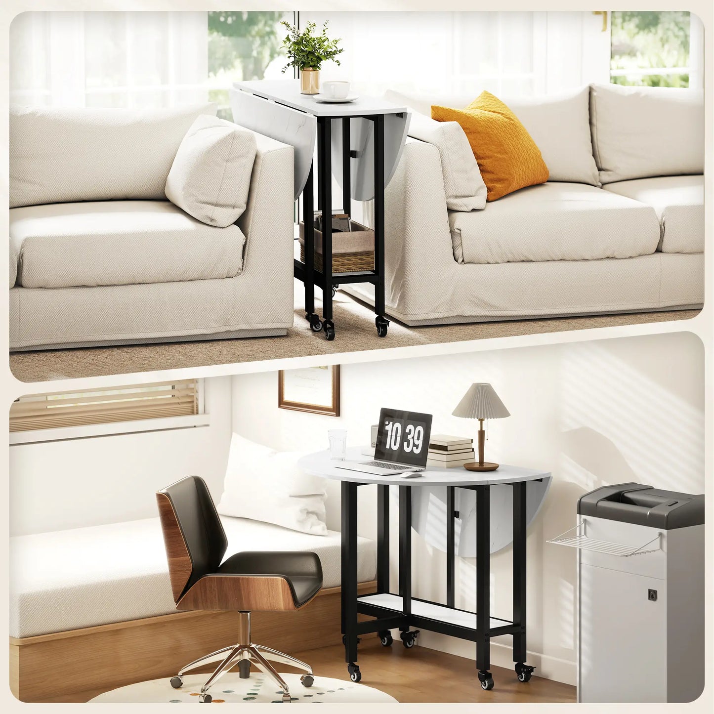 Folding Drop Leaf Table, White Marble, Open Shelf, Rolling Kitchen Table, White Dining Tables at Gallery Canada