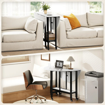Folding Drop Leaf Table, White Marble, Open Shelf, Rolling Kitchen Table, White Dining Tables at Gallery Canada