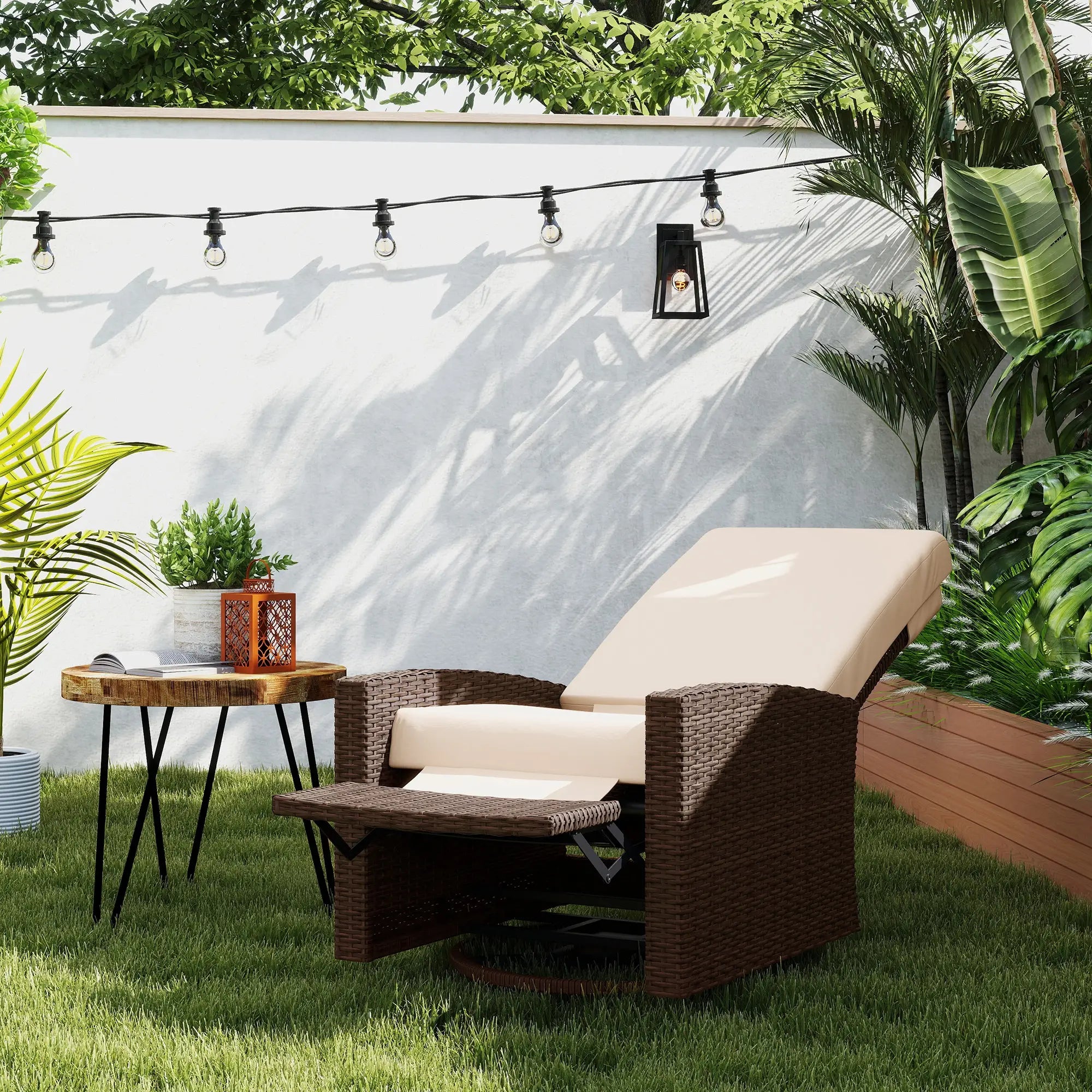 Outdoor Rattan Lounge Chair with Footrest, Soft Cushion, Cream White Patio Chairs at Gallery Canada