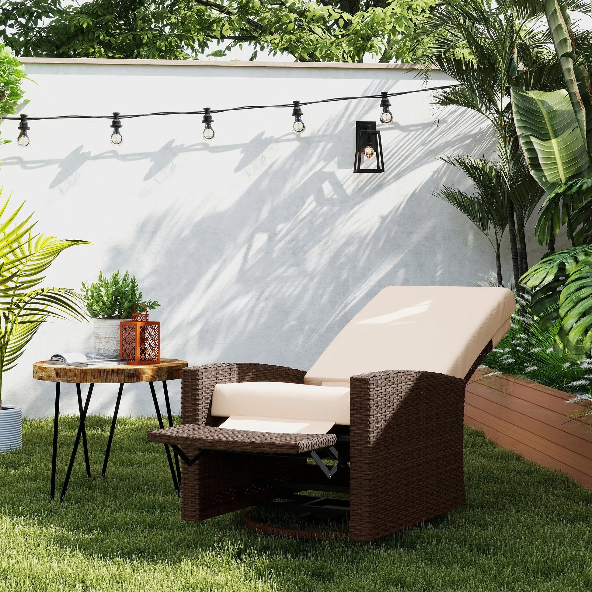 Outdoor Rattan Lounge Chair with Footrest, Soft Cushion, Cream White Patio Chairs at Gallery Canada