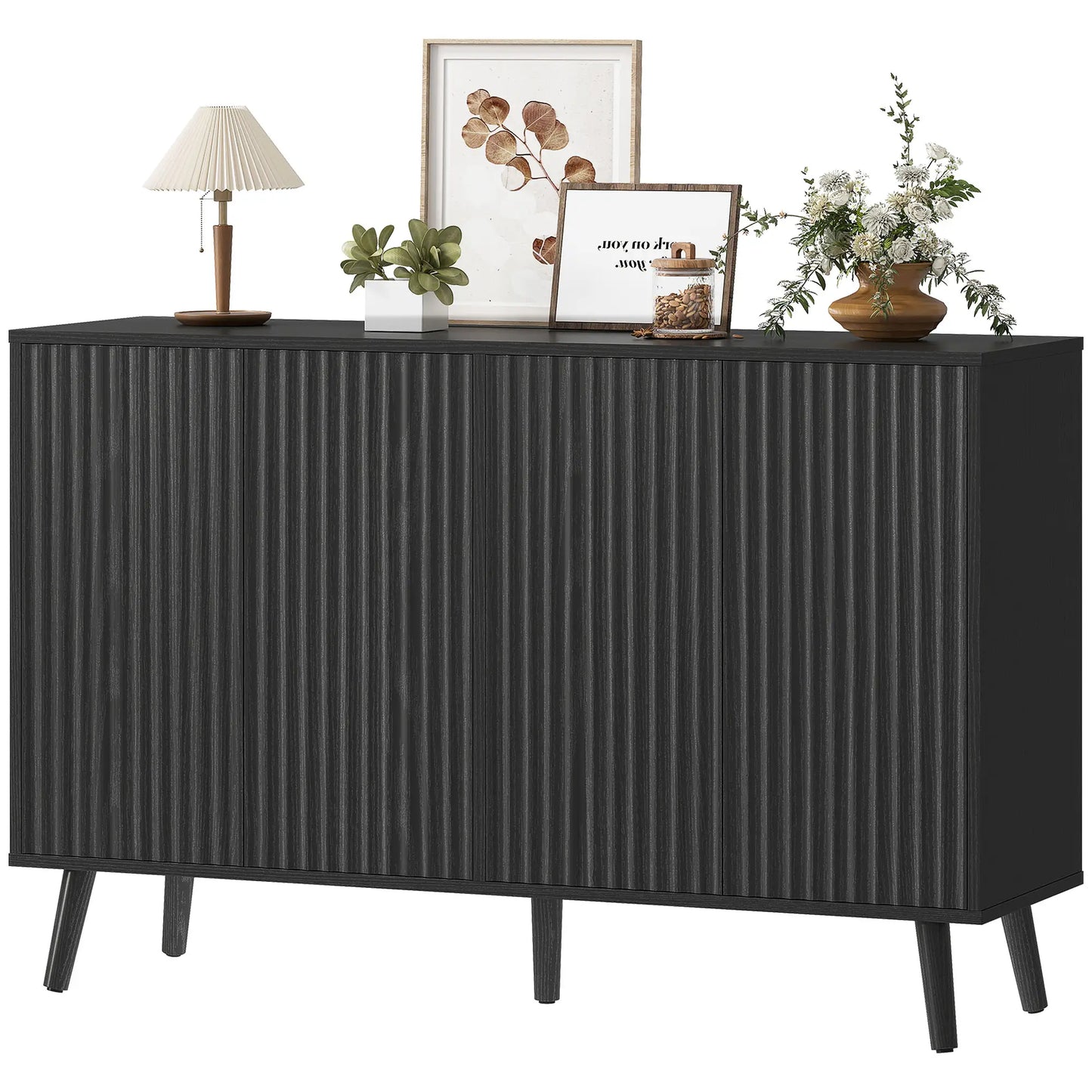 Buffet Cabinet with Storage, Modern Fluted Sideboard, Black Bar Cabinets Distressed Black at Gallery Canada