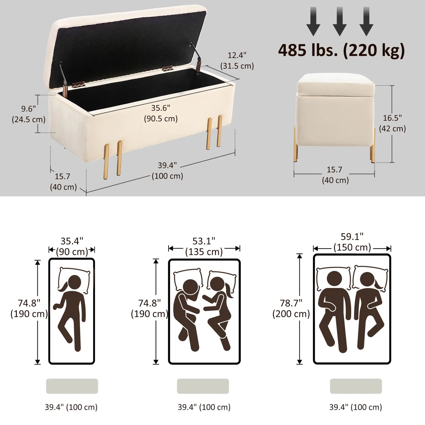 Storage Ottoman Bench, Flip-Top, 18.5 Gallons, Velvet, Metal Legs, Beige Storage Ottomans & Benches at Gallery Canada
