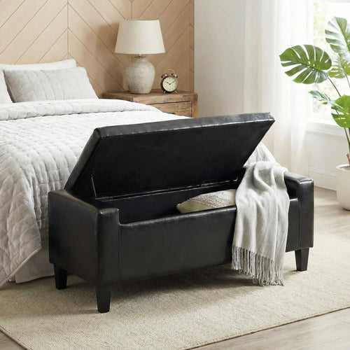 Storage Ottoman Bench, PU Leather Upholstered, Tufted Design, Black
