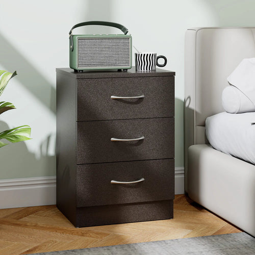 Modern Night Stand, 3 Drawers, Metal Rail, Dark Brown
