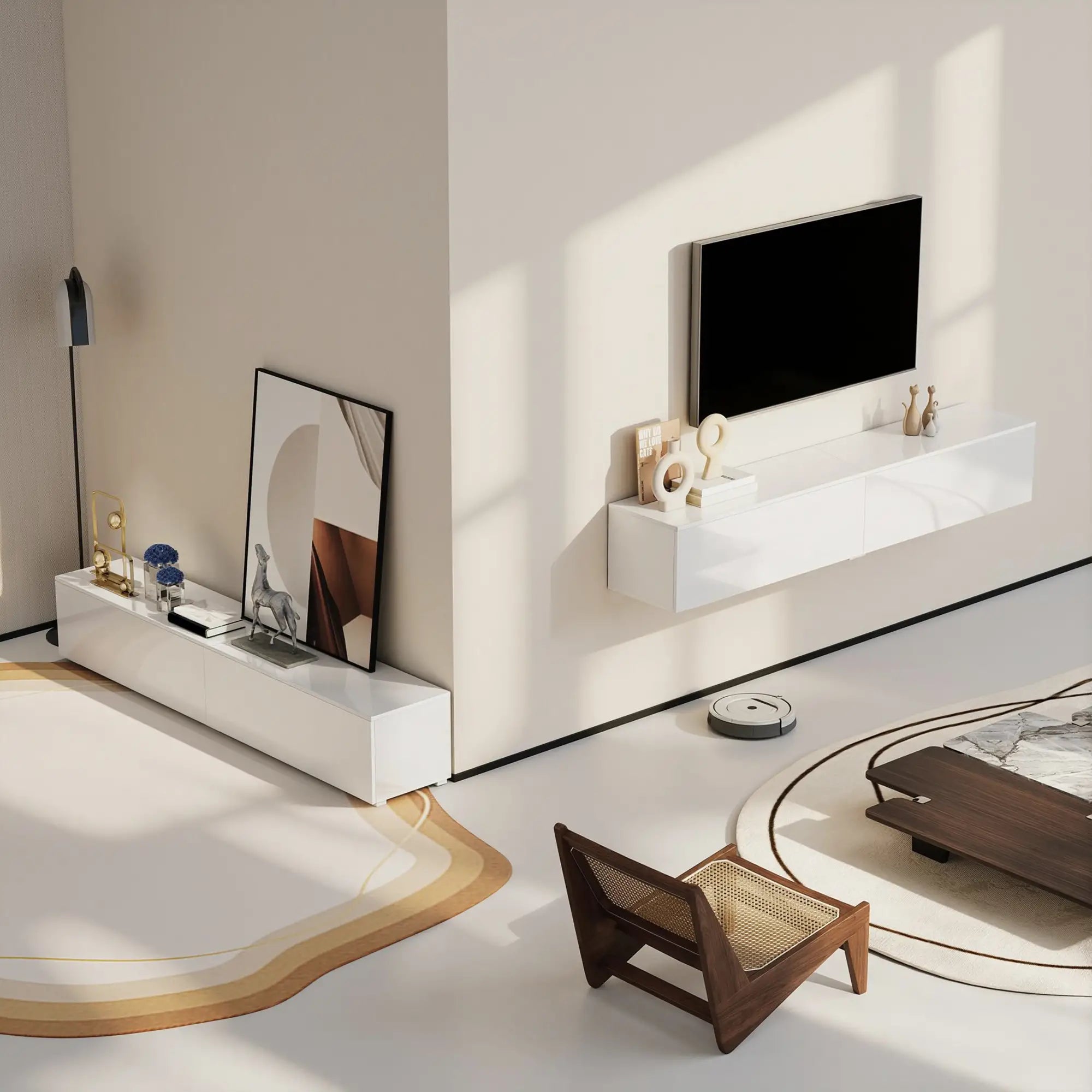 Floating TV Stand For 75 Inch TVs, 70.9 Inch Cabinet, High Gloss White, White TV Stands at Gallery Canada