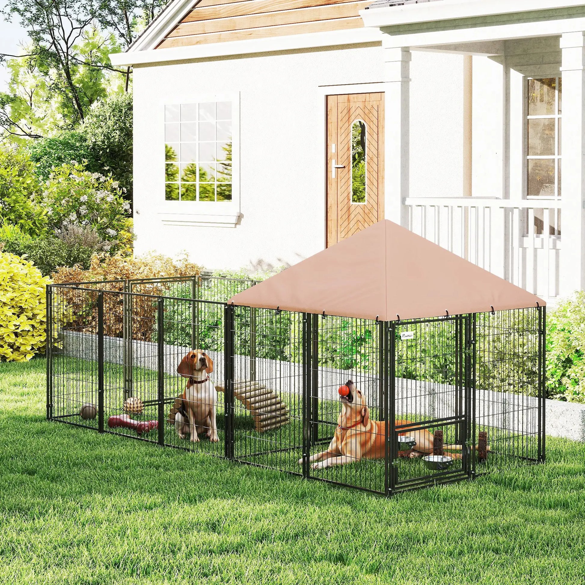 Outdoor Dog Kennel, Rotating Adjustable Bowls, Waterproof UV Cover, 11.3' x 4.7' x 5.1' Houses, Kennels & Pens at Gallery Canada