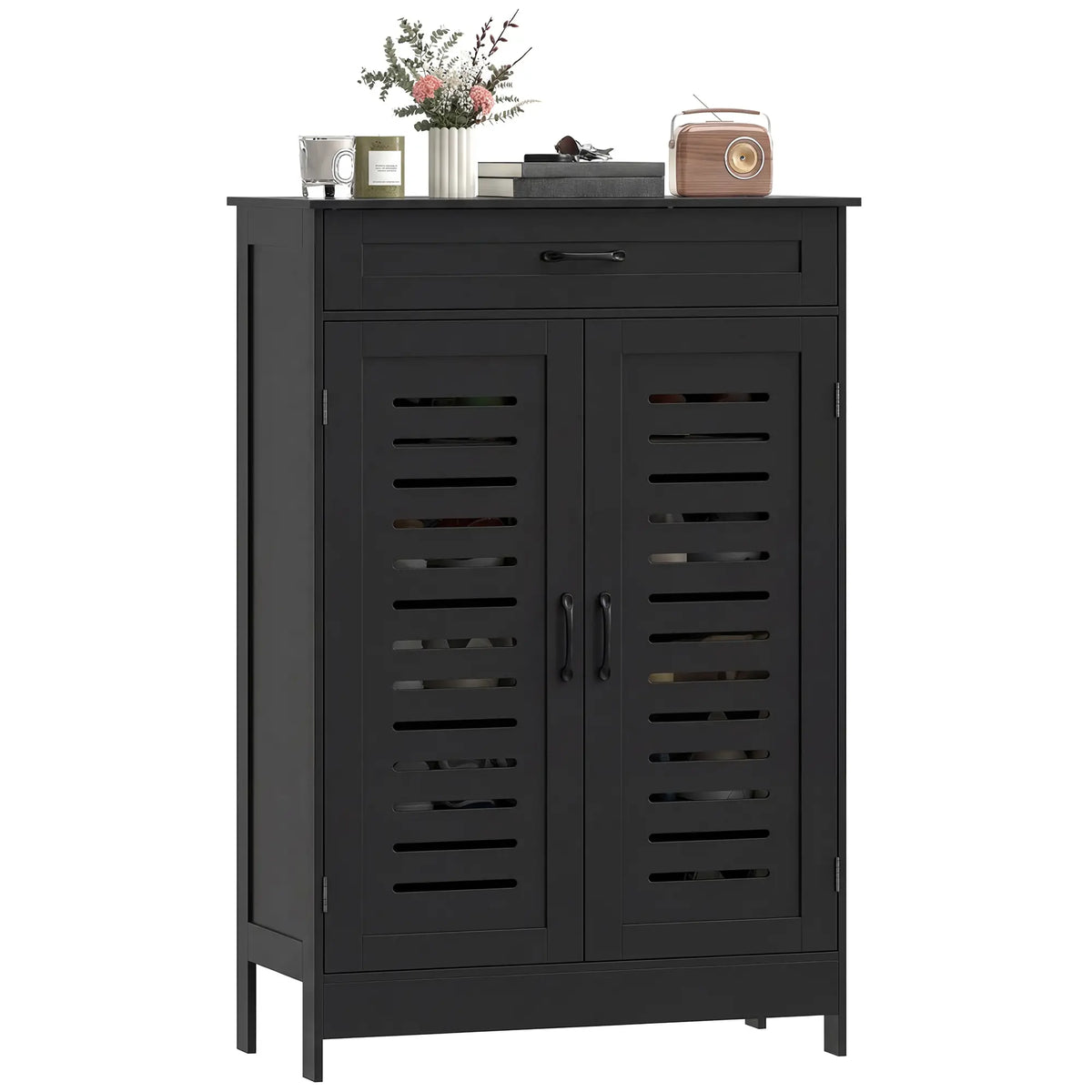 Shoe Cabinet With Louvered Doors, Drawer, Adjustable Shelves, Black Shoe Storage Cabinets & Racks Black at Gallery Canada