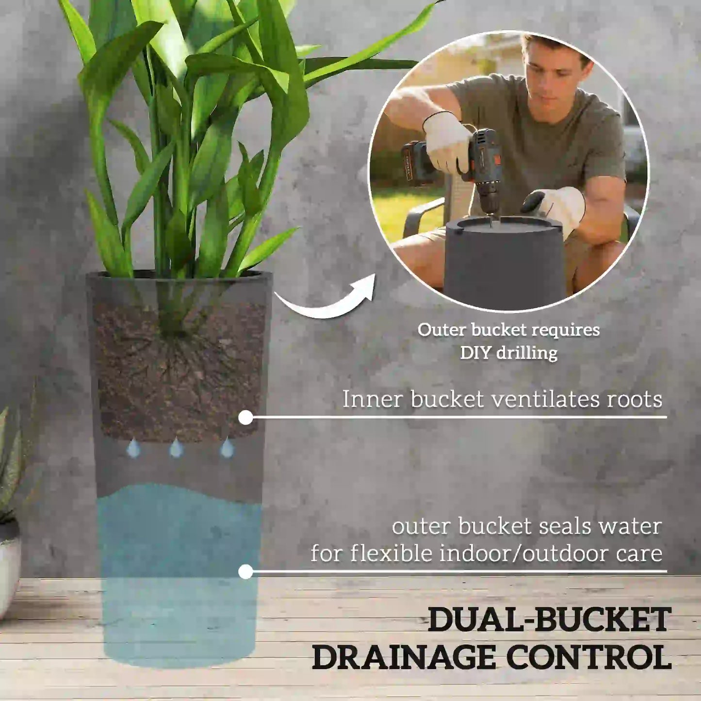 24" Tall Planters Set of 2, Plastic Flower Pots, Dark Gray Planter Set at Gallery Canada